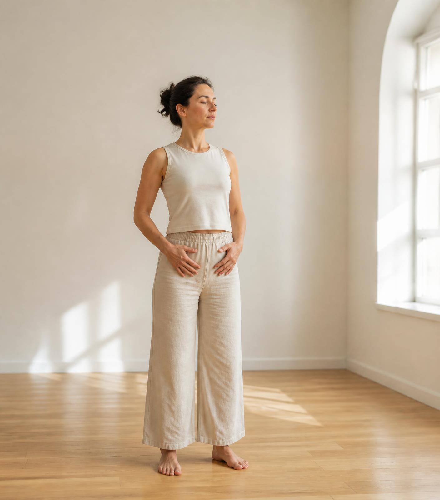 Person standing calmly in a bright minimal room during body practice
